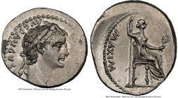 Tiberius (AD 14-37). AR denarius (18mm, 3.77 gm, 8h). NGC AU 3/5 - 3/5. Lugdunum, ca. AD 18-35. TI CAESAR DIVI-AVG F AVGVSTVS, laureate head of Tiberi...