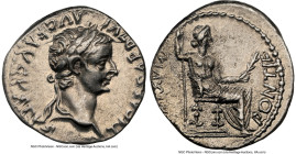 Tiberius (AD 14-37). AR denarius (18mm, 3.61 gm, 2h). NGC AU 4/5 - 2/5, brushed. Lugdunum, ca. AD 18-35. TI CAESAR DIVI-AVG F AVGVSTVS, laureate head ...