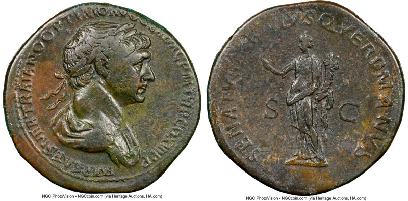 Trajan (AD 98-117). AE sestertius (35mm, 24.66 gm, 7h). NGC VF 5/5 - 2/5, smooth...