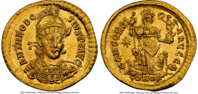Theodosius II, Eastern Roman Empire (AD 402-450). AV solidus (21mm, 4.47 gm, 5h). NGC Choice AU 4/5 - 4/5. Constantinople, 9th officina, ca. AD 408-42...
