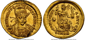 Theodosius II, Eastern Roman Empire (AD 402-450). AV solidus (21mm, 4.46 gm, 7h). NGC Choice AU 5/5 - 2/5, graffito. Constantinople, 1st officina, ca....