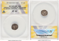 VANDALS. Hilderic (AD 523-530). AR 50 denarii (14mm, 1.21 gm, 8h). ANACS VF 30. Carthage. D N HILDI-RIX REX, diademed, draped, and cuirassed bust of H...