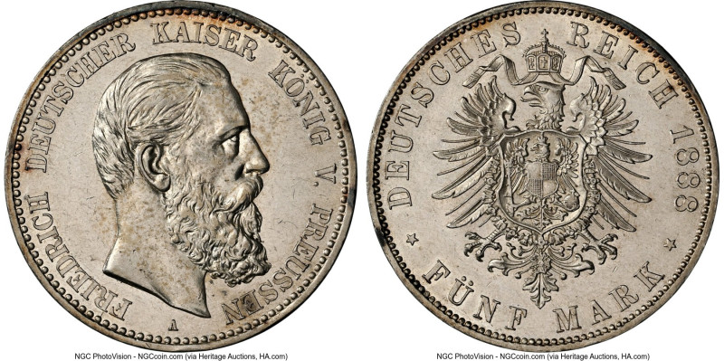 Prussia. Friedrich III Pair of Certified 5 Marks 1888-A NGC, 1) 5 Mark - AU58 2)...