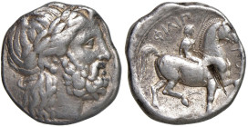 § MACEDONIA Regno di Macedonia Filippo II (359-336 a.C.) Tetradramma - Testa laureata di Zeus a dx. R/ Cavaliere a dx, sotto, fulmine - S.Cop. 556 AG ...