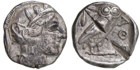 § ATTICA Atene (circa 479-393 a.C.) Tetradramma - Testa elmata di Atena a dx. R/ Civetta stante di fronte - S.Cop. 33 e suc. AG (g 17,01) Punzoni di v...