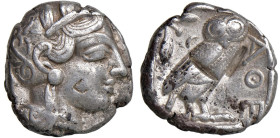 § ATTICA Atene (circa 479-393 a.C.) Tetradramma - Testa elmata di Atena a dx. R/ Civetta stante di fronte - S.Cop. 33 e suc. AG (g 16,70) Contromarca ...