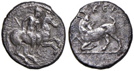 § CILICIA Kelenderis (circa 450-400 a.C.) Statere - Cavaliere a dx. R/ Caprone stante a sx retrospiciente - S.Cop. 76 var. AG (g 9,35) Corrosioni diff...