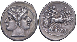 § (225-212 a.C.) Didramma - D/ Testa laureata gianiforme dei Dioscuri. Contorno perlinato. R/ Giove su quadriga verso dx, tiene lo scettro con la mano...