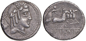§ Julia - L. Julius Bursio (85 a.C.) Denario - Testa di Apollo a dx. R/ La Vittoria su quadriga a dx - B. 5; Cr. 352/1 AG (g 3,85)

Status: qSPL

...
