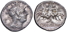 § Servilia - C. Servilius M. f (110-108 a.C.) Denario - D/ Testa elmata di Roma a dx. Dietro una corona. R/ I Dioscuri a cavallo in direzioni opposte....