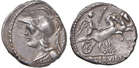 § Servilia - P. Servilius M. f. Rullus (100 a.C.) Denario - Busto di Pallade a sx. R/ La Vittoria su biga a dx - B. 14; Cr. 328/1 AG (g 3,86) Graffi a...
