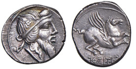 § Titia - Q. Titius (88 a.C.) Denario - D/ Testa di Mutinus Titinus a dx. R/ Pegaso in atto di spiccare il volo. Ex: "Q. TITI" B. 1; Syd. 691; Cr. 341...