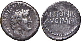 § Antonio (Antiochia? - 33 a.C.) Denario - Testa a dx. R/ Scritta in due righe - Cr. 542/2 AG (g 3,19) R Graffi e due contromarche al D/ (contromarche...