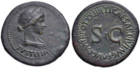 § Livia (59 a.C.-29 d.C.) Moglie di Augusto Dupondio - D/ Busto diademato e drappeggiato a dx, in contorno perlinato. "IUSTITIA" sotto il busto. R/ "T...