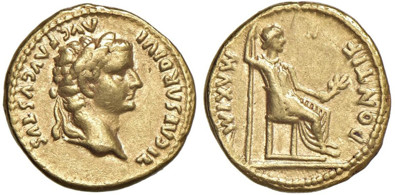 § Tiberio (14-37) Aureo - D/ Testa laureata a dx. "TI CAESAR DIVI AUG F AUGUSTUS...