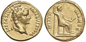 § Tiberio (14-37) Aureo - D/ Testa laureata a dx. "TI CAESAR DIVI AUG F AUGUSTUS". R/ La Pace seduta a dx con scettro e ramo di ulivo. "PONIF-MAXIM". ...