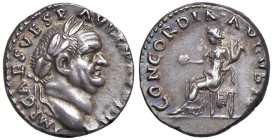 § Vespasiano (69-79) Denario - D/ Testa laureata a dx. "IMP CAES VESP AUG". R/ La Concordia seduta a sx con patera e cornucopia. "CONCORDIA AUGUSTA" -...