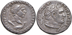 § Traiano (98-117) Tetradramma di Tiro in Fenicia - Testa laureata a dx, sotto, clava e aquila - R/ Busto laureato di Melqart a dx - Prieur 1515 AG (g...