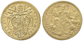 Pio VI (1775-1799) Zecchino 1775 An. I - Munt. 7 AU (g 3,40) RRR Tipologia con stemma ovale sagomato, invece del classico a targa sagomato, veramente ...