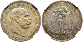 Ungheria - Franz Joseph I (1848-1916) - 5 Korona KB 1907 - 40° anniversario dell'incoronazione di Francesco Giuseppe I a re d'Ungheria - Mint: Kremnic...