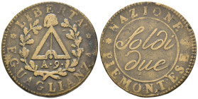 Torino - Repubblica Piemontese (1798-1799) - Due Soldi A 9 (1800) - C/ rigato obliquo - AE - RARA - Gigante 3a

SPEDIZIONE SOLO IN ITALIA - SHIPPING...
