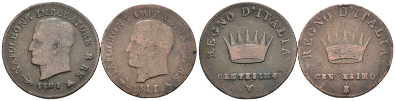 Re d'Italia (1805-1814) - Lotto di 2 monete: 1 Centesimo 1808 Venezia Cu RARO Gi...