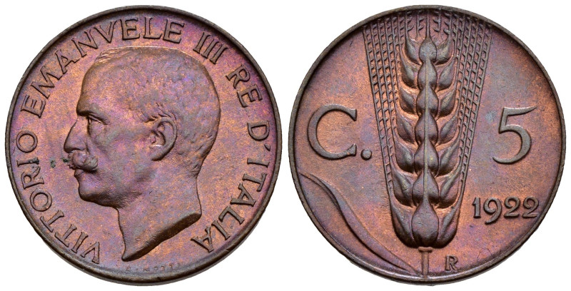 Vittorio Emanuele III (1900-1943) - 5 Centesimi Spiga del 2° Tipo 1922 - Cu, ram...