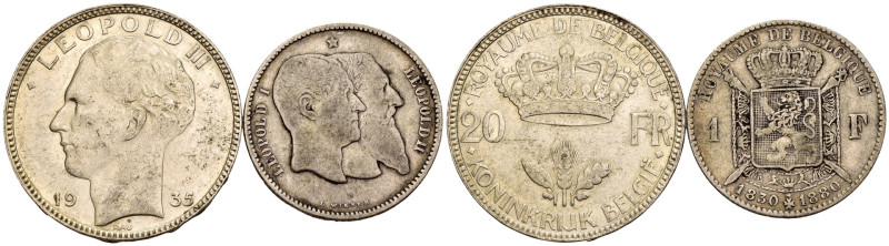 Belgio - Lotto di 2 monete: 20 Francs 1935 Ag .680 KM#105 - 1 Franc 1880 Cinquan...