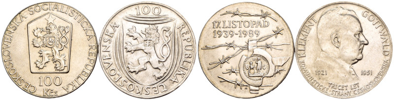 Cecoslovacchia - Lotto di 2 monete: 100 Korun 1989 50 anni - Eventi del 17/11/19...