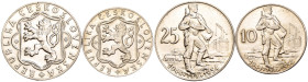 Cecoslovacchia - Lotto di 2 monete: 25 Korun 1954 10° anniversario dell'insurrezione slovacca Ag .500 KM#41 - 10 Korun 1954 10° anniversario dell'insu...