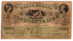 Regno d'Italia - Vittorio Emanuele II - Banca Romana - 50 Lire - 1872 - RARISSIMA (R3) - Gigante (Bugani) BR 7A - pieghe, macchie, piccoli fori e stra...
