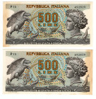 Repubblica Italiana - Lotto di 2 banconote da 500 Lire Aretusa - 20/10/1967 - consecutive - Gigante (Bugani) BS 25B

SPEDIZIONE IN TUTTO IL MONDO - ...