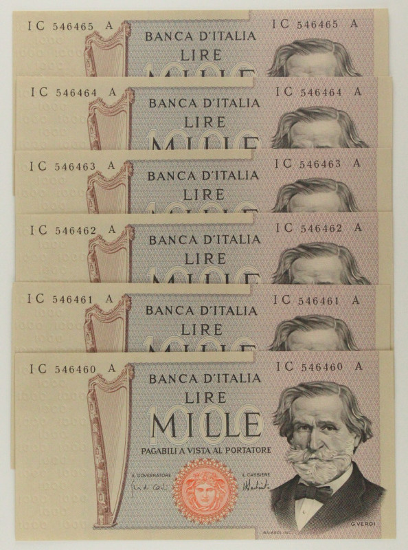 Repubblica Italiana - Lotto di 6 banconote consecutive da 1.000 Lire Giuseppe Ve...