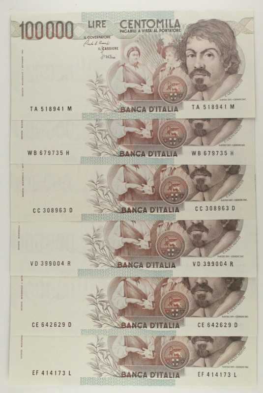 Repubblica Italiana - Lotto di 6 banconote: 100.000 Lire Caravaggio 1° Tipo - Gi...