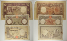 Regno d'Italia e Repubblica Sociale Italiana - Lotto di 3 banconote: 1.000 Lire Grande "M" (Fascio) 2° Tipo 12/12/1942 RARA Gigante BI 45A - 100 Lire ...