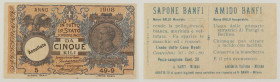 Biglietto pubblicitario del "Sapone e Amido Banfi" su modello delle 5 Lire Vittorio Emanuele III - con timbro "ANNULLATO"

SPEDIZIONE SOLO IN ITALIA...