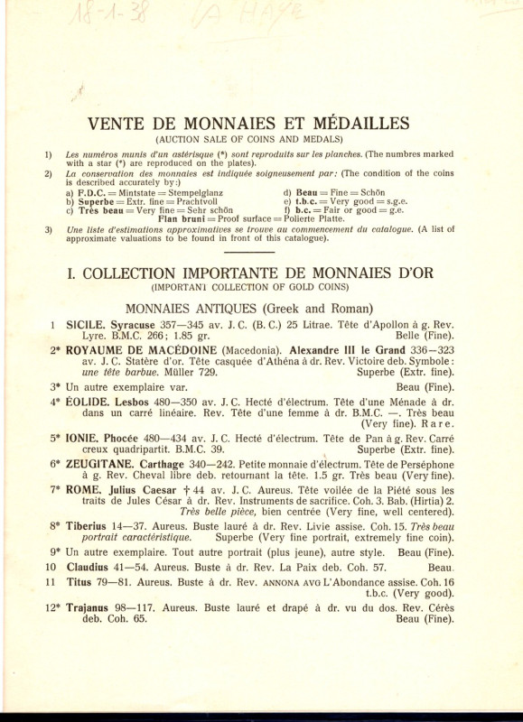 SCHULMAN J.- La Haye, 18 - 1 - 1938. Vente de monnaies et medailles.pp42, nn. 88...