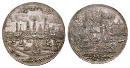 Historiepenningen - ND (1658) - Medal 'Zeeslag bij Kronborg (Helsingør)' by J. Hercules (vL.445, S.445) - Obv. View of the harbor of Copenhagen above ...