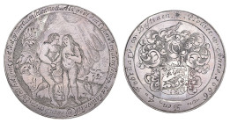Historiepenningen - 1666 - Engraved wedding medal box 'Bastiaen Plouier' by an unknown Silversmith (Bemolt 182, this piece). Obv. Adam and Eve in para...
