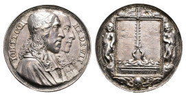 Historiepenningen - 1672 - medal 'Assasination of the De Witt bothers in the Hague' unsigned (vL.III 90.2) - Conjoined busts right. Rev. Corpses of th...