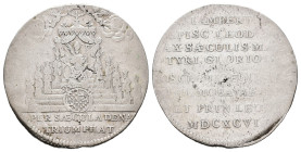 Historiepenningen - 1696 - Medal ‘1000-jarige herdenking van het martelaarschap van Sint Lambert’ (Renesse p.161-162) –Obv. Enthroned St. Lambert on s...