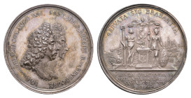 Historiepenningen - 1708 - Medal 'Van Rheede en Van den Bergh verdedigers van Brussel en Brabant' by M. Smeltzing (vL.540-2, PR.2889) - Obv. Conjugate...