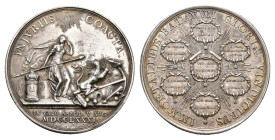 Historiepenningen - 1781 - Medal 'Zeeslag bij de Doggersbank' by J.G. Holtzhey (VvL.562) -VZ Dutch Maiden with spear between a burning altar and a lio...