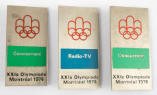 Olympics - Canada - Montreal 1976 - three Official Badges: 'Radio-tv' (G.) and 'Concurrent' (G.102, 2x)
