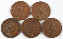 Medals in boxes - Miscellaneous - France - Lot of five large bronze medals Philippe d'Orleans (Régent): Par Virtus Oneri 1715, Conservatori Suo 1716, ...
