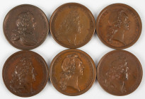 Medals in boxes - Miscellaneous - France - Lot of six large bronze medals Louis XIV and Louis XV: Securitas Perpetuae 1692, Optimo Principi 1699, Aete...