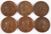Medals in boxes - Miscellaneous - France - Lot of six large bronze medals Louis XV: Accipe Quae Peragenda Prius 1717, Vis Animi Corpore Crescit 1718, ...