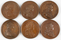 Medals in boxes - Miscellaneous - France - Lot of six large bronze medals Louis XV: Stat Cura Omnis in Uno 1720, Tali se Dea Jactat Alumno 1719, Pacis...