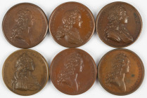 Medals in boxes - Miscellaneous - France - Lot of six large bronze medals Louis XV: Stat Cura Omnis in Uno 1720, Felix Congressus 1721, Spes Maturae F...