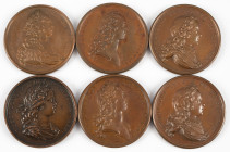 Medals in boxes - Miscellaneous - France - Lot of six large bronze medals Louis XV: Stat Cura Omnis in Uno 1720, Felix Congressus 1721, Tunetum Supple...